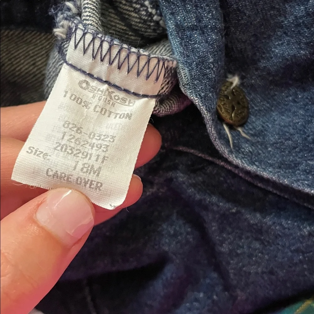 Vintage Baby OshKosh B'gosh Denim Overalls Green Plaid Trim 18M